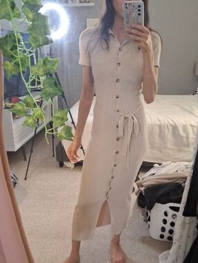 Pink Rose Beige Button-Front Tie-Waist Ribbed Midi Dress